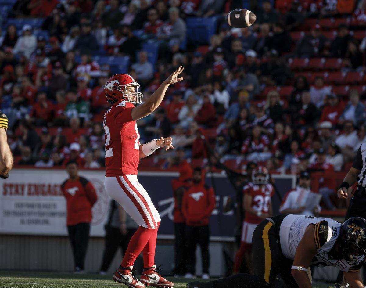 Calgary Stampeders quarterback Jake Maier (12) lobs the ball forward during first half CFL football action against the Hamilton Tiger-Cats in Calgary, Friday, June 7, 2024.