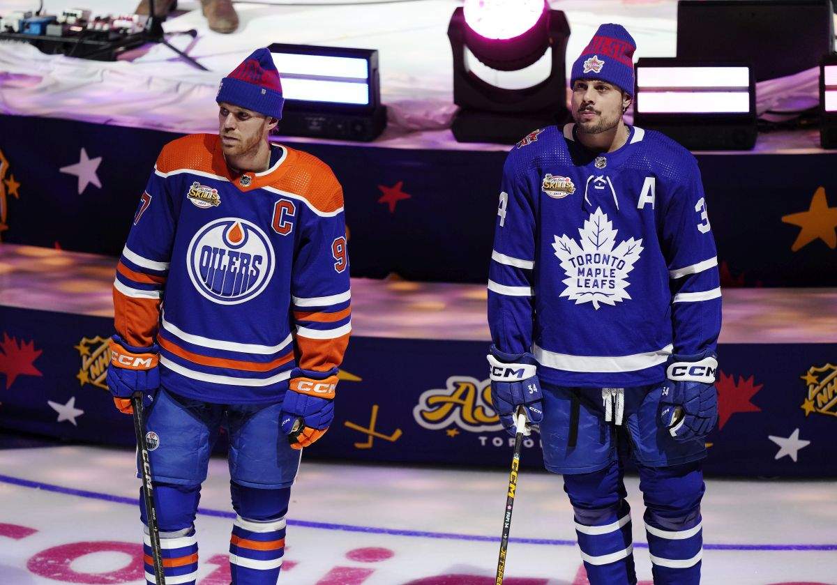 Edmonton Oilers' Connor McDavid and Toronto Maple Leafs' Auston Matthews stand prior to competing in the NHL All-Star skills competition in Toronto, Friday, Feb. 2, 2024.