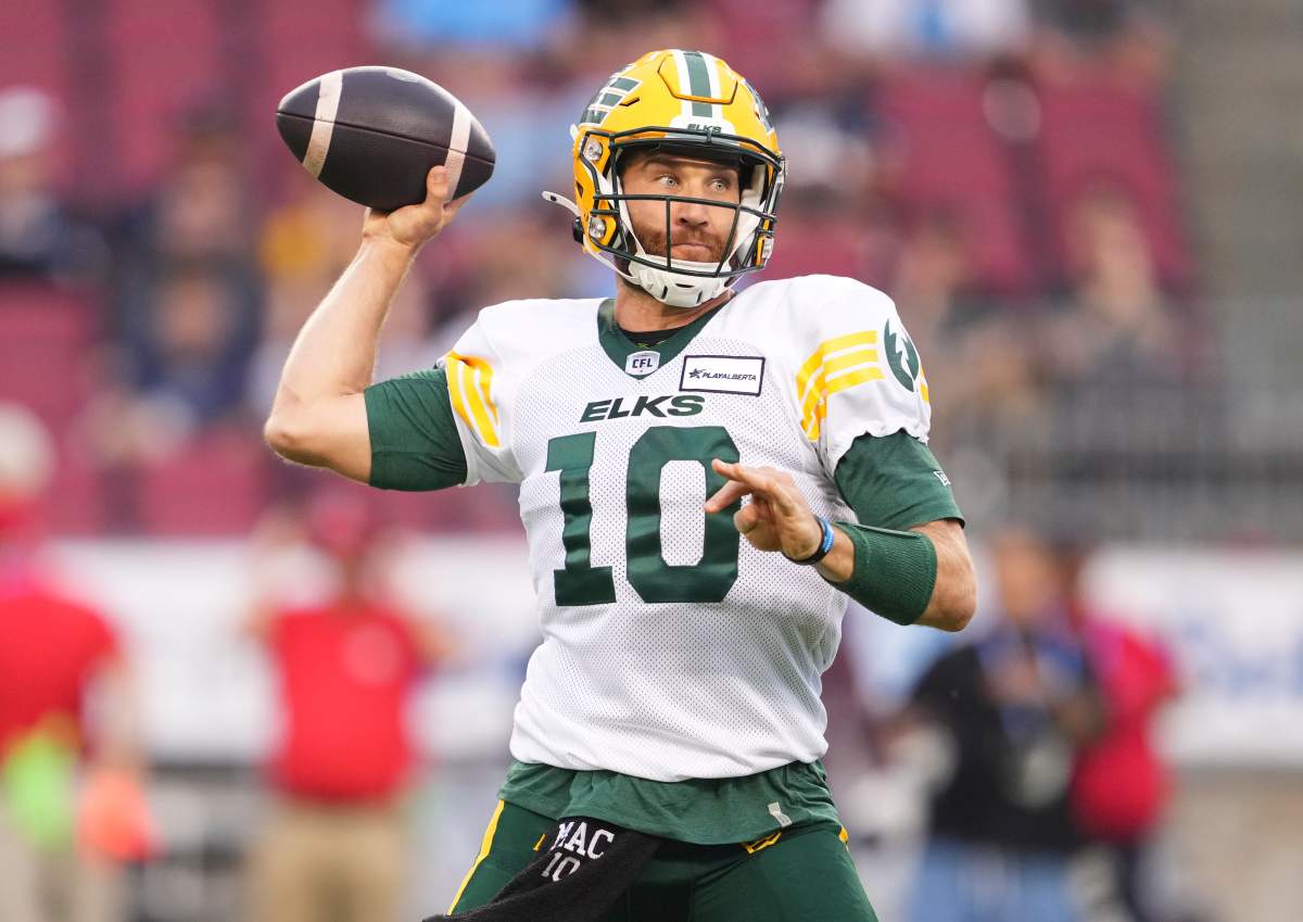 Elks quarterback McLeod Bethel-Thompson throws the ball against the Toronto Argonauts on Saturday, June 22, 2024.