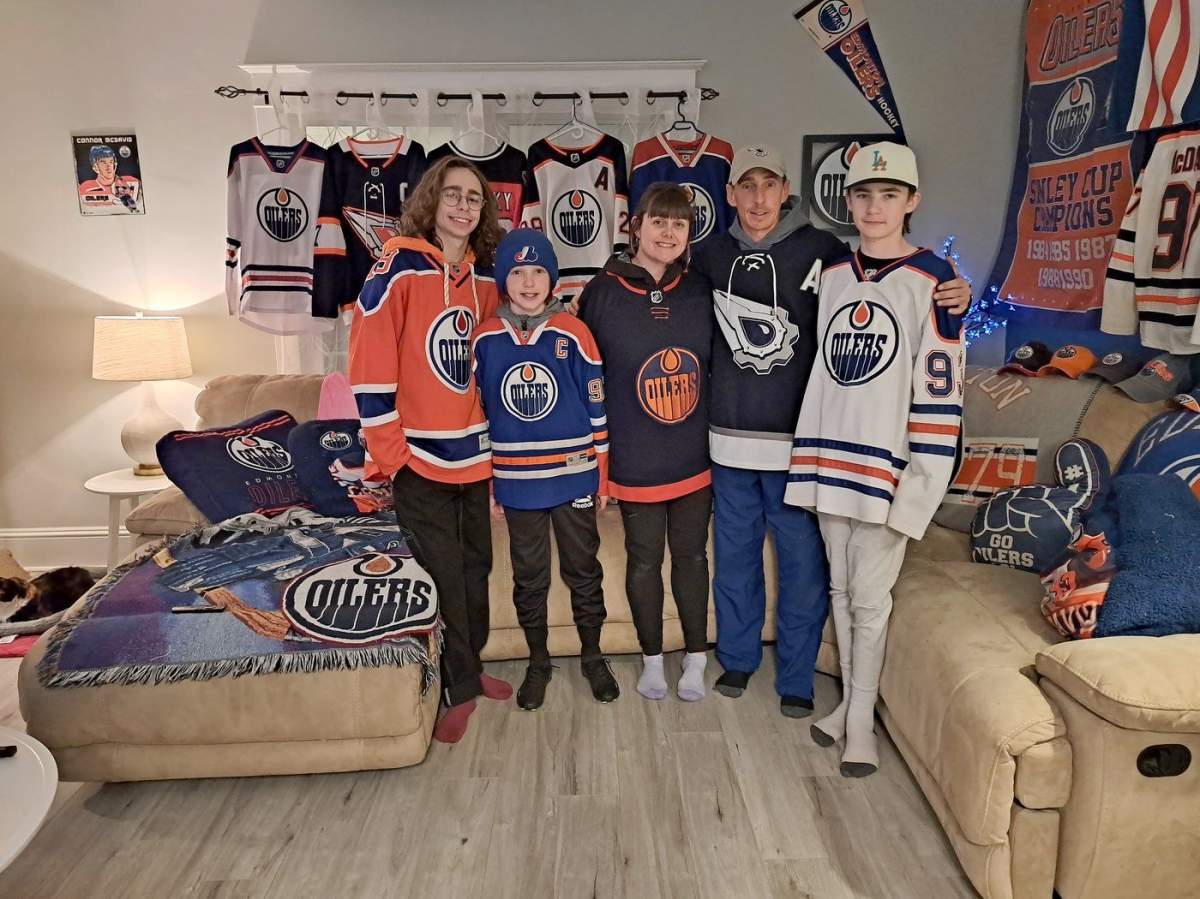 As the Oilers battle the Panthers in Florida on Monday night in Game 7 of the Stanley Cup final series, Canadian fans will shout and scream their support at watch parties in rinks, bars, seniors homes, or even just their living rooms. Oilers fans Coady Morrison, left to right, Tyson DeMone, Melissa Mccallum Derrick DeMone, Jackson DeMone are shown in this handout image.