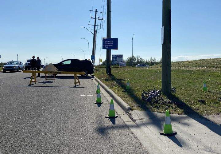 A spike belt is seen at 56th Avenue in Leduc, Alta., on June 20, 2024 as police investigate an undisclosed incident.