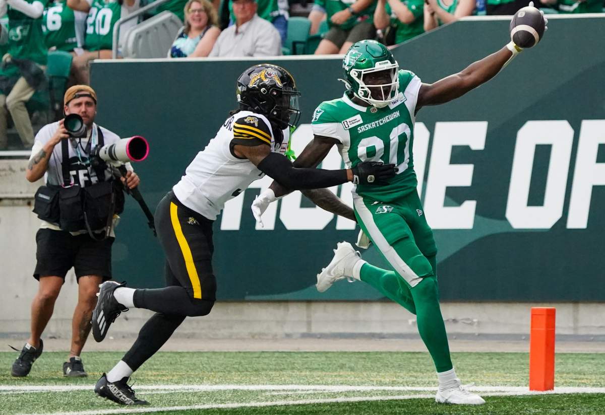 Saskatchewan Roughriders receiver Ajou Ajou (80) scores a touchdown against Hamilton Tiger-Cats during CFL football action in Regina on Sunday. The Riders beat the Ti-Cats, 36-20.