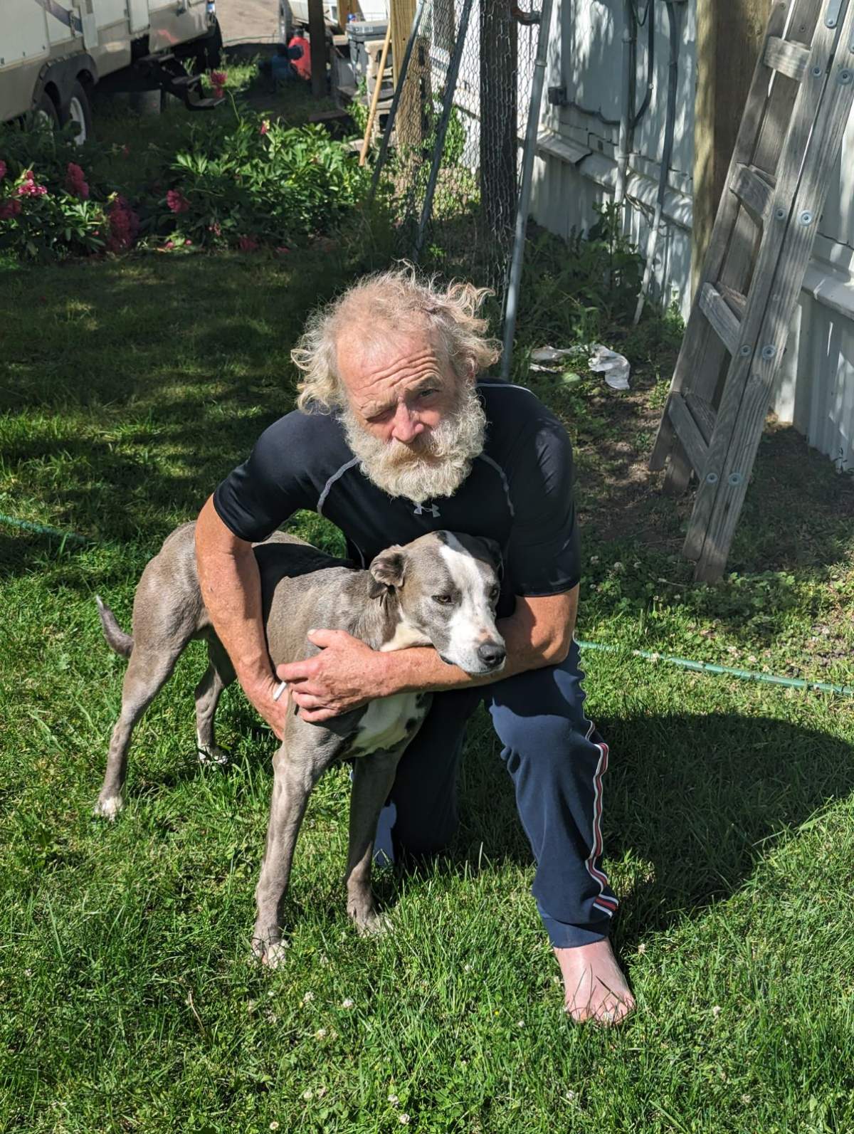 A man with white hair next to a grey and white dog. 1