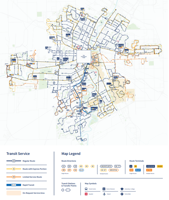 A map of Winnipeg Transit’s network system in 2022.