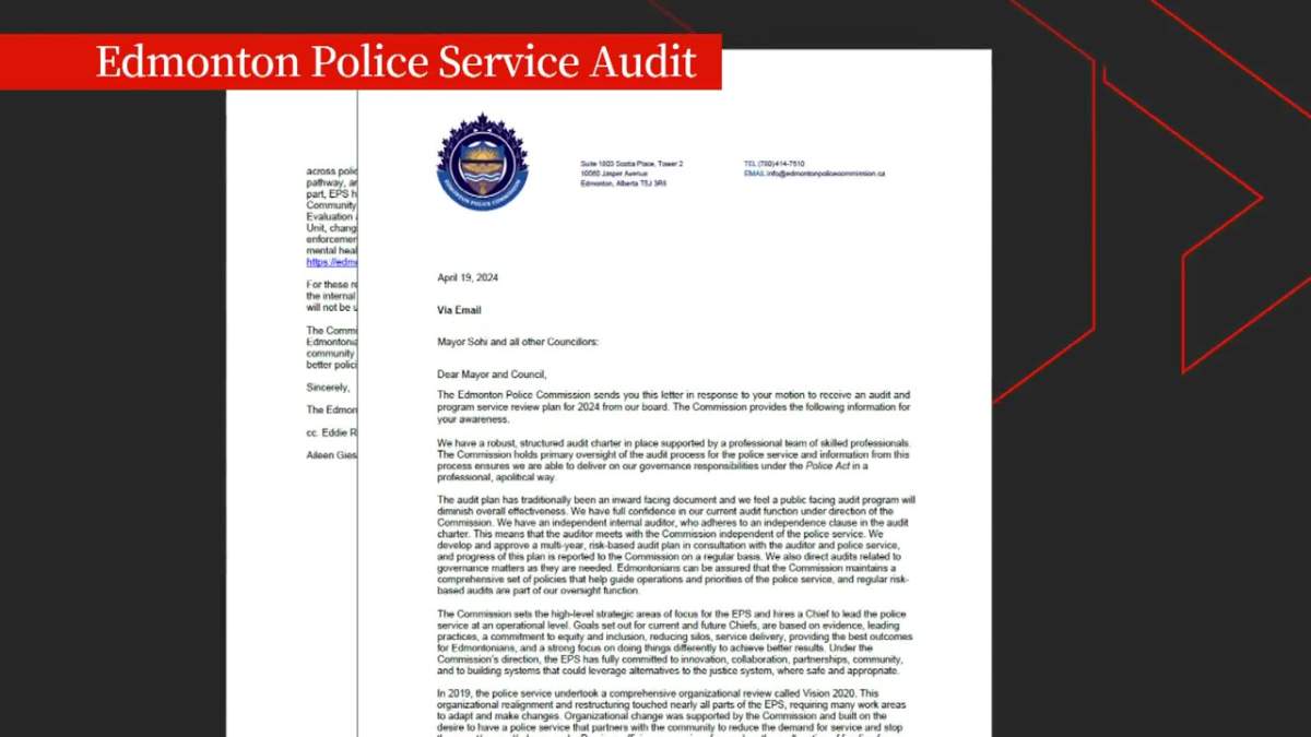 Edmonton’s police commission sent city council a letter on Friday, April 19, 2024, in which commissioners refused to provide city council with “information relating to the internal audit plan of the EPS.”