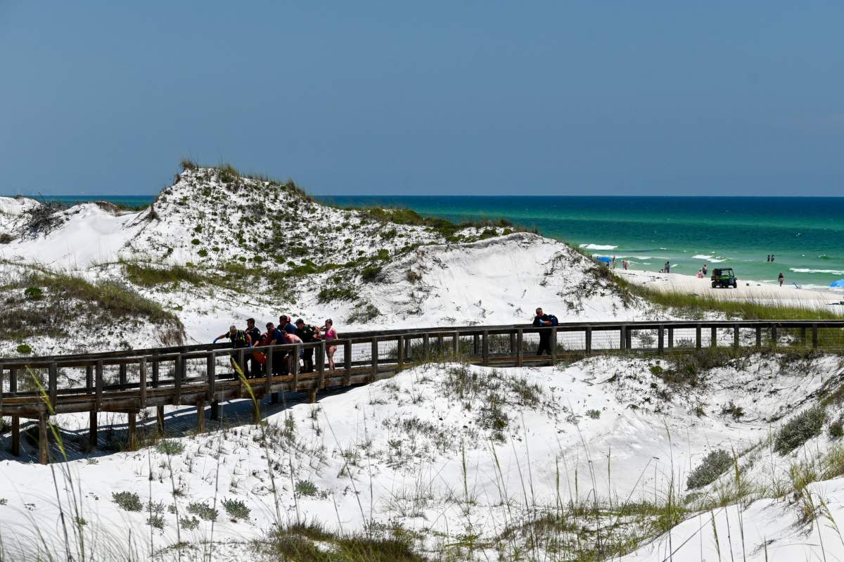 Several people carry a stretcher along a wooden path on a sandy, white beach.