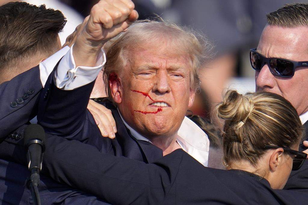 Republican presidential candidate former President Donald Trump reacts following an assassination attempt at a campaign event in Butler, Pa., on Saturday, July 13, 2024.