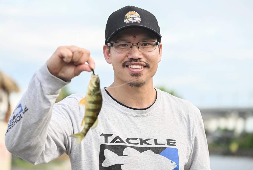 Fisherman Henry Leung holds up a perch after fishing it out of the Peel Basin in Montreal, Friday, July 12, 2024.