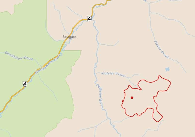 A map showing the Calcite Creek wildfire in B.C.’s Similkameen region.