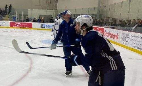Winnipeg Jets prospect Colby Barlow skates in drills at the team's 2024 development camp.
