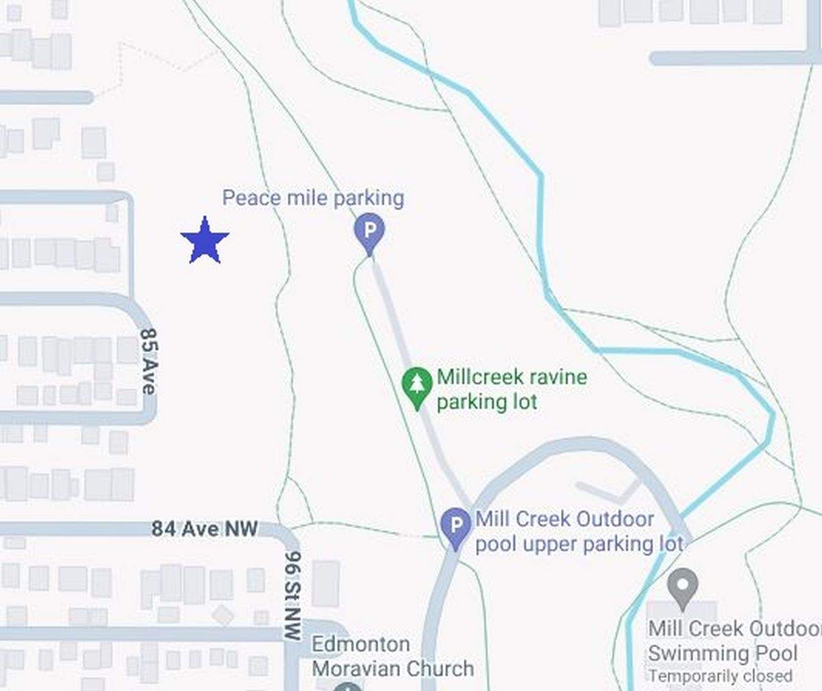 A map of the Mill Creek Ravine area provided by the Edmonton Police Service shows where investigators are looking at in relation to the discovery of a woman's body on June 29, 2024.