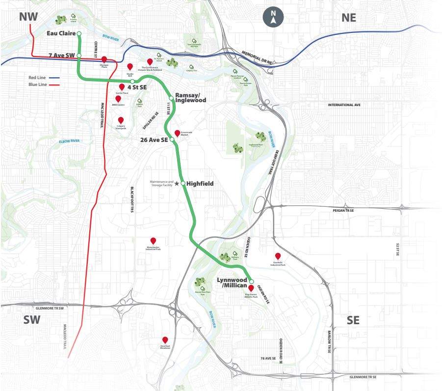 The revised alignment for the first phase of Calgary’s Green Line LRT project.