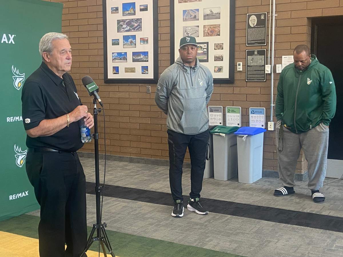 Elks president and CEO Rick LeLacheur, along with interim general manager Geroy Simon and interim head coach Jarious Jackson at a news conference in Edmonton, Alta. on Monday, July 15, 2024.