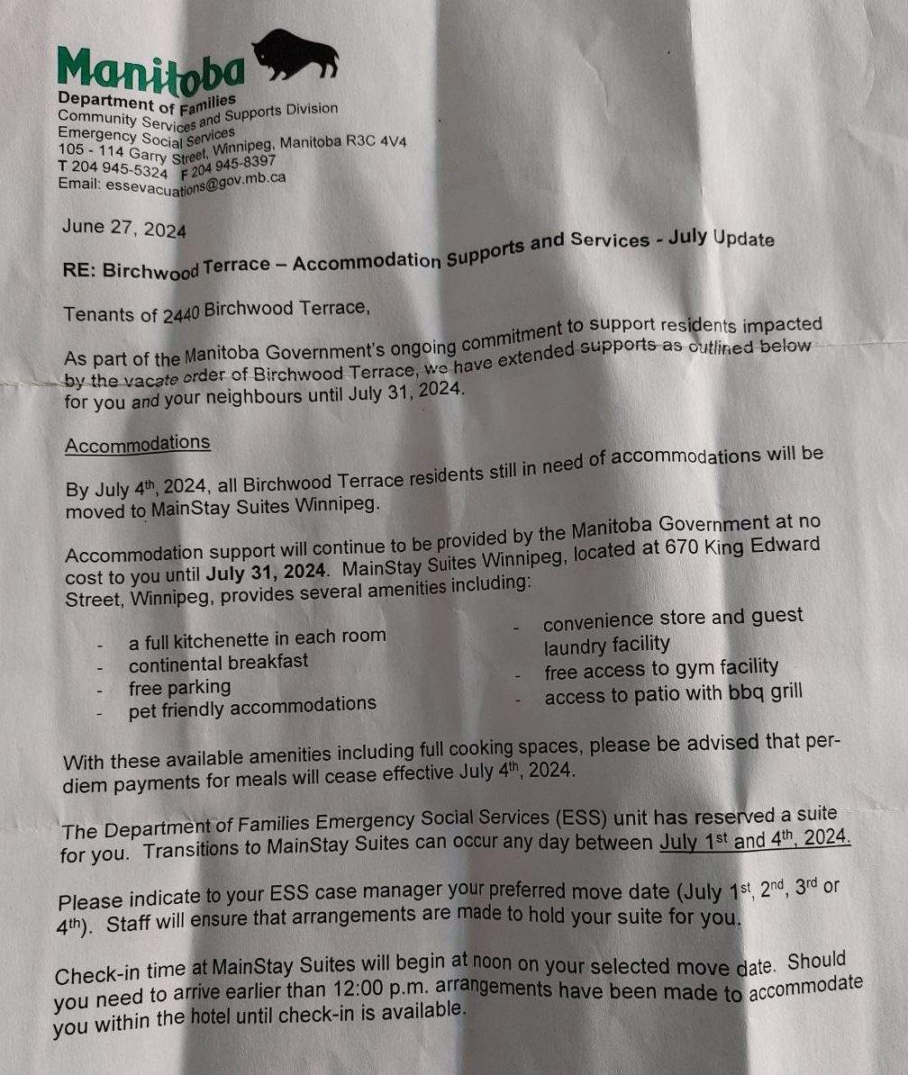 A letter from the Manitoba government to Birchwood Terrace residents.