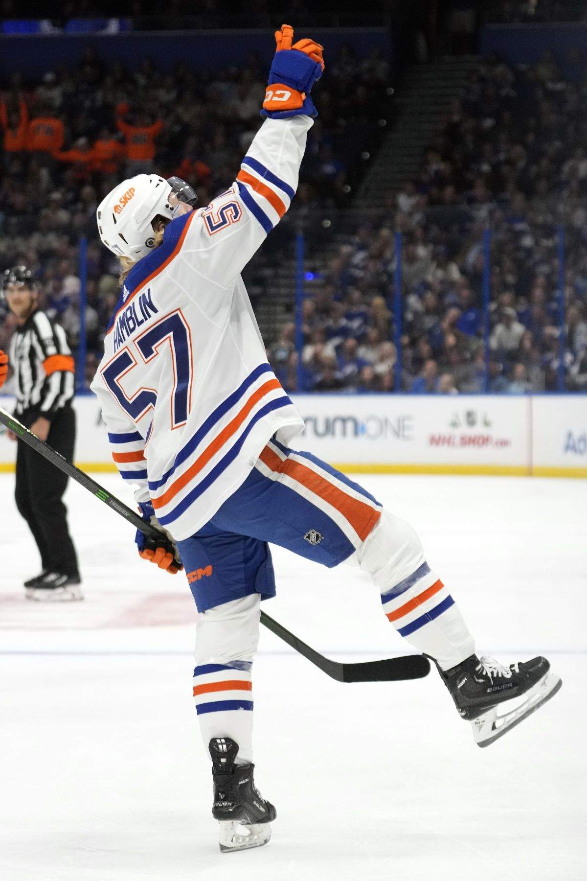 Edmonton Oilers left wing James Hamblin (57) celebrates his goal against the Tampa Bay Lightning during the first period of an NHL hockey game Saturday, Nov. 18, 2023, in Tampa, Fla.