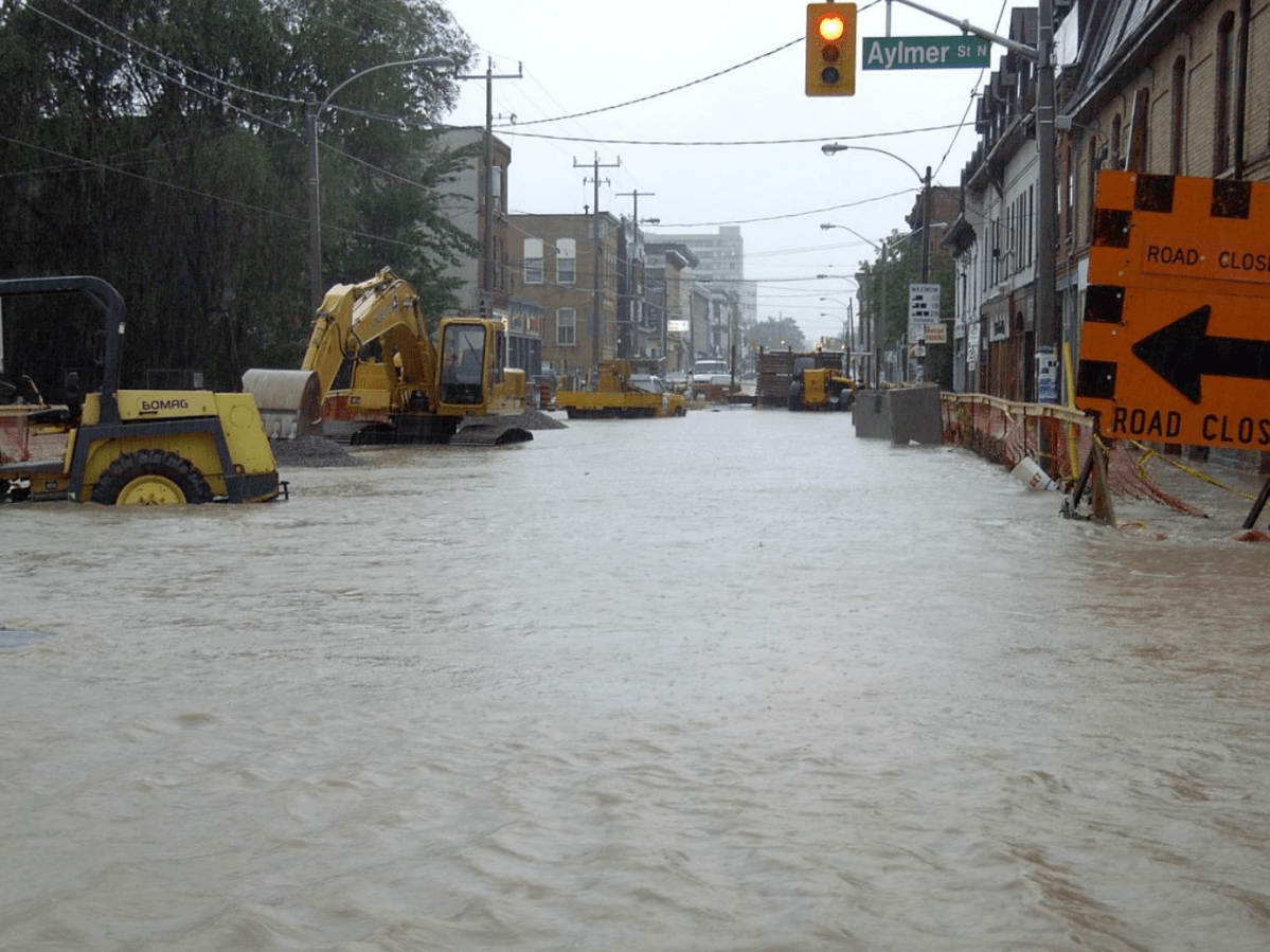 A flooded downtown Peterborough at King and George streets on July 15, 2004.