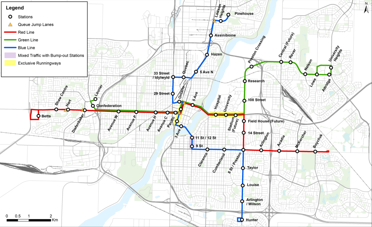 The plan for the BRT system in Saskatoon.