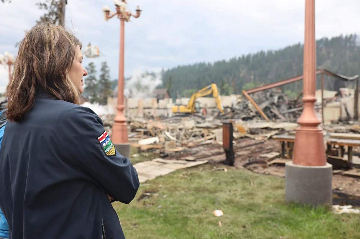 Alberta Premier Danielle Smith looking at the wildfire damage in Jasper on Friday, July 26, 2024.