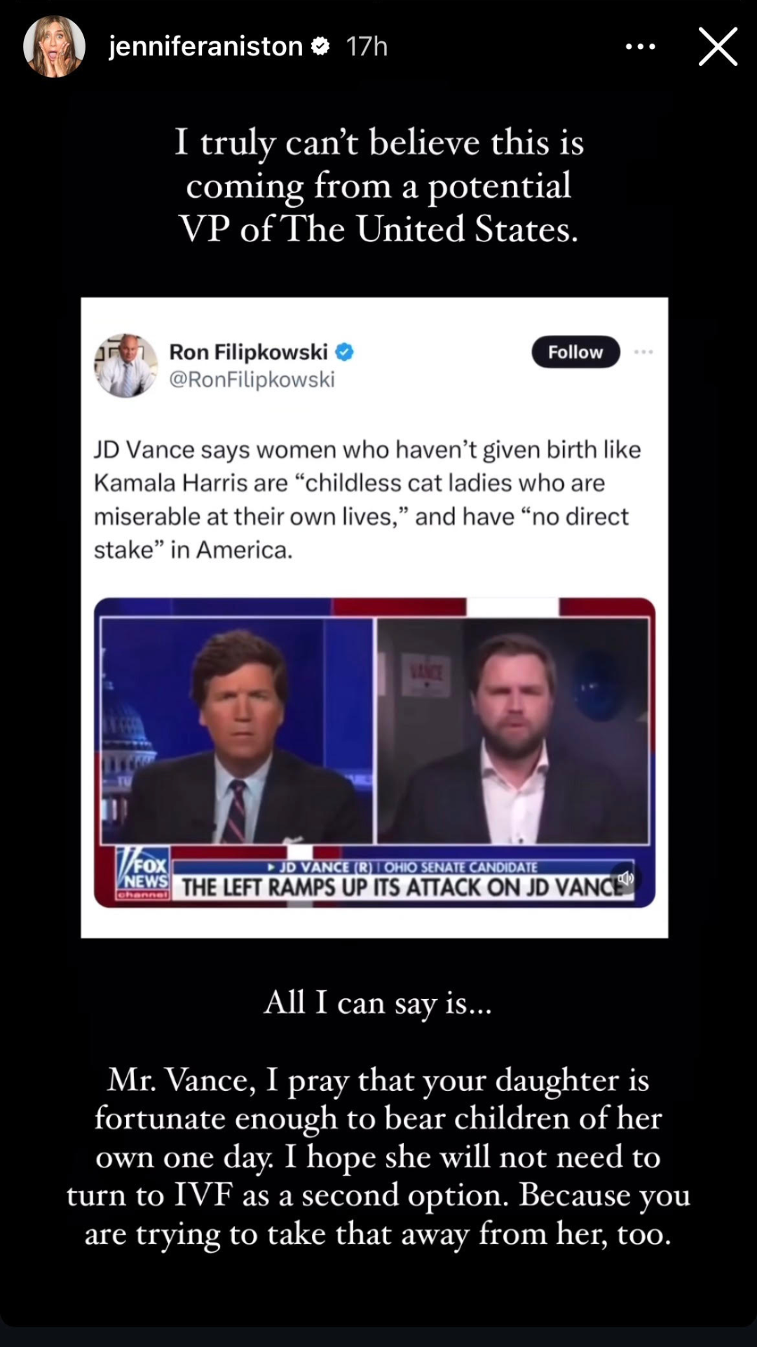 Jennifer Aniston's Instagram story, calling out JD Vance.