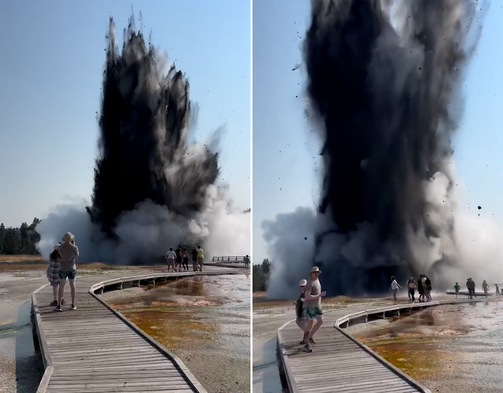 A huge plume of grey smoke rises above the Biscuit Basin thermal area in Yellowstone National Park. A hydrothermal explosion occurred near Black Diamond Pool in Yellowstone on July 23, 2024.