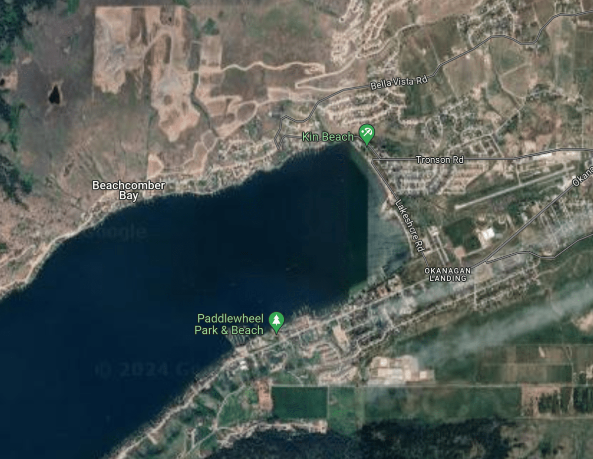 A map of Vernon showing Kin Beach and Paddlewheel Park along Okanagan Lake. All beaches between those two locations were closed because of a sewer line break in Okanagan Landing.