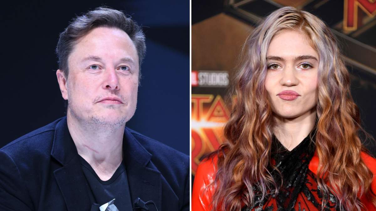 A split image. On the left is Elon Musk. On the right is Grimes.