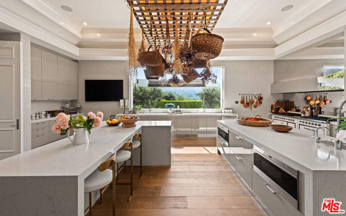 A modern kitchen with white and grey appliances and a window showing a view of the Beverly Hills mountains.