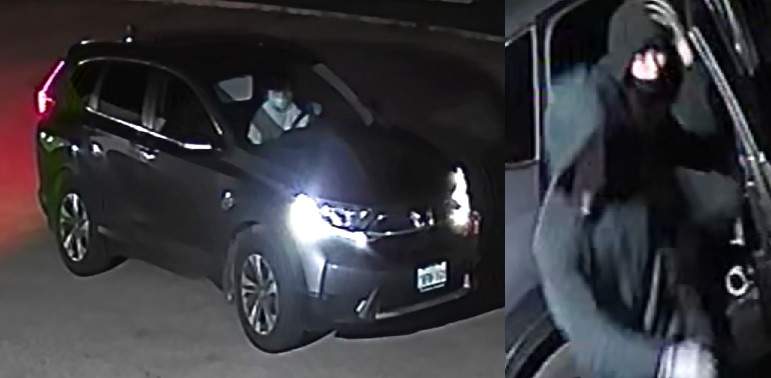 Surveillance images of a suspect vehicle and two suspects.