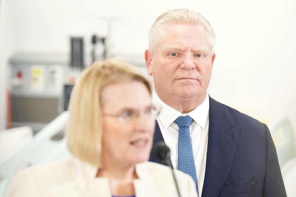 Ontario Premier Doug Ford and Ontario Health Minister Sylvia Jones attend an announcement in King City, Ont., on February 9, 2024. THE CANADIAN PRESS/Chris Young.