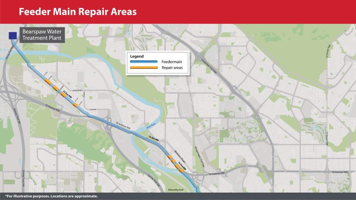 A map showing the approximate repair sites along the Bearspaw feeder main on 33 Avenue N.W. and 16 Avenue N.W.