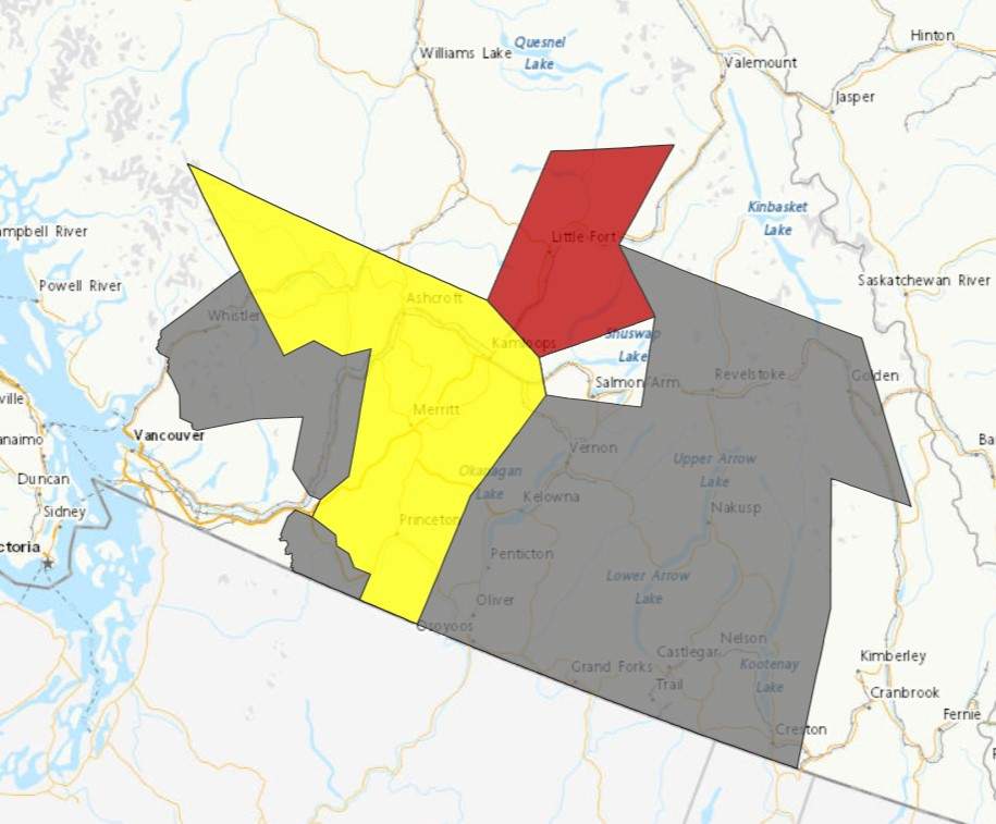 A map for weather alerts across Southern B.C., on Saturday, Aug. 10, 2024.