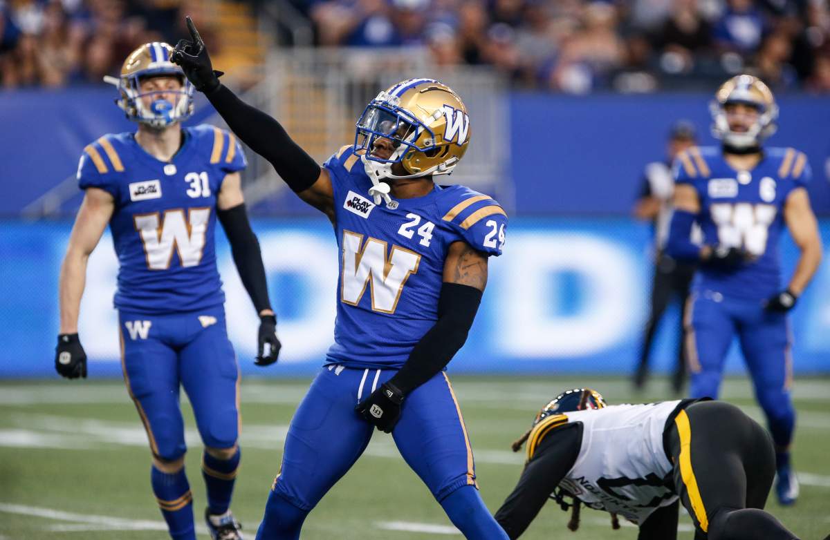 Winnipeg Blue BombersÕ Terrell Bonds (24) celebrates breaking up the pass intended for Hamilton Tiger-Cats' Shemar Bridges (17) during first half CFL action in Winnipeg Friday, August 23, 2024.    THE CANADIAN PRESS/John Woods.