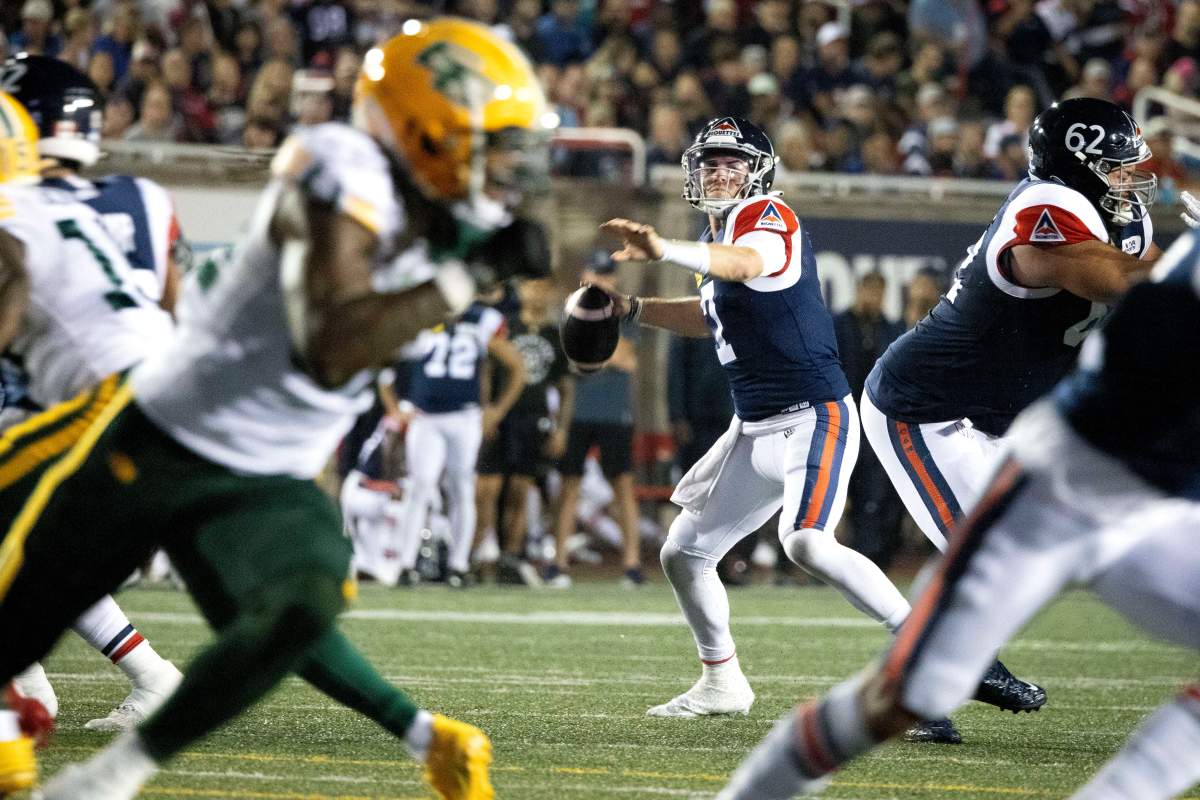 Montreal Alouettes Cody Fajardo (7) looks to make a pass during first half CFL football action against the Edmonton Elks in Montreal on Sunday August 25th 2024.