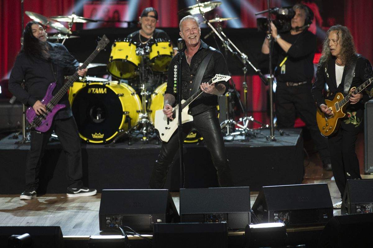 Members of Metallica Robert Trujillo, left, Lars Ulrich, second from left, James Hetfield, center, and Kirk Hammett, right, perform at the 2024 Library of Congress Gershwin Prize for Popular Song tribute concert honoring Elton John and Bernie Taupin at DAR Constitution Hall on Wednesday, March 20, 2024, in Washington.