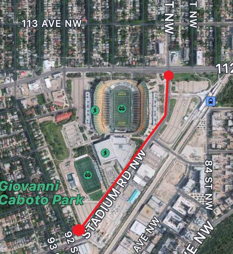 A map of the area in Edmonton affected by road closures because of Metallica concerts on Aug. 23 and Aug. 25.