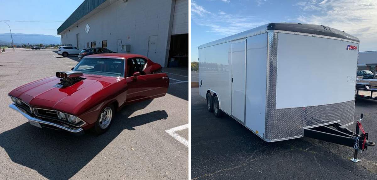 A photo montage of the muscle car and the trailer that were stolen from Kelowna last week.