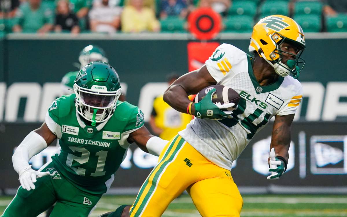 Elks receiver Tevin Jones catches a pass against the Saskatchewan Roughriders on Saturday, August 3, 2024.