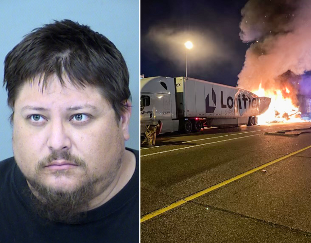 Danny G. Tiner (left) was sentenced to 22 years and six months in prison after causing a fiery, six-vehicle collision (right) last year while driving distracted on his phone.