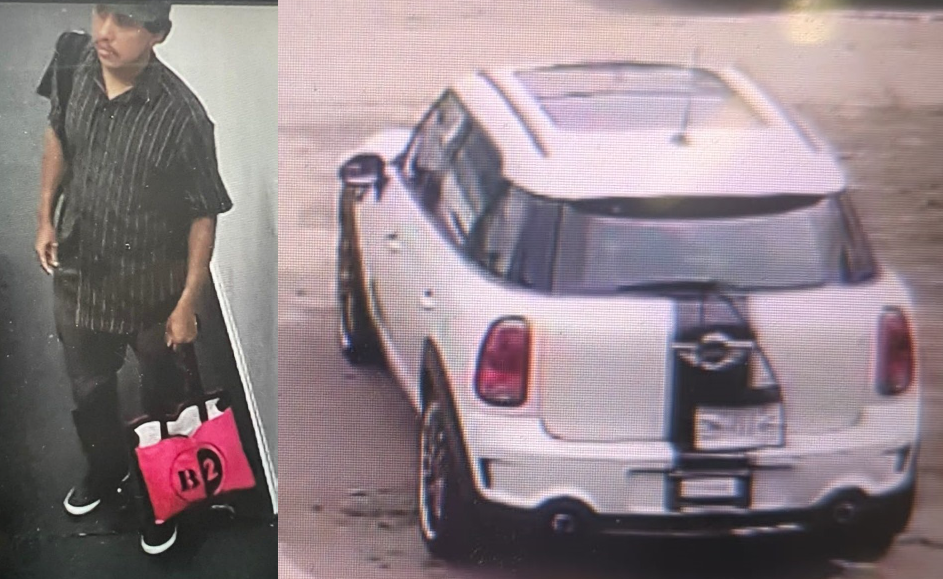 Police in Surrey are looking for this man and this stolen vehicle in connection with a horrific attack on Friday.