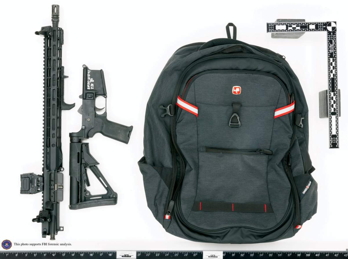 This image provided by the FBI shows Thomas Matthew Crooks’ rifle broken down as was likely done for transport and the backpack recovered at the scene in Butler, Pa., July 13, 2024. Crooks searched online for events of both former President Donald Trump and President Joe Biden and saw the Pennsylvania campaign rally where he opened fire as a “target of opportunity,” a senior FBI official said.