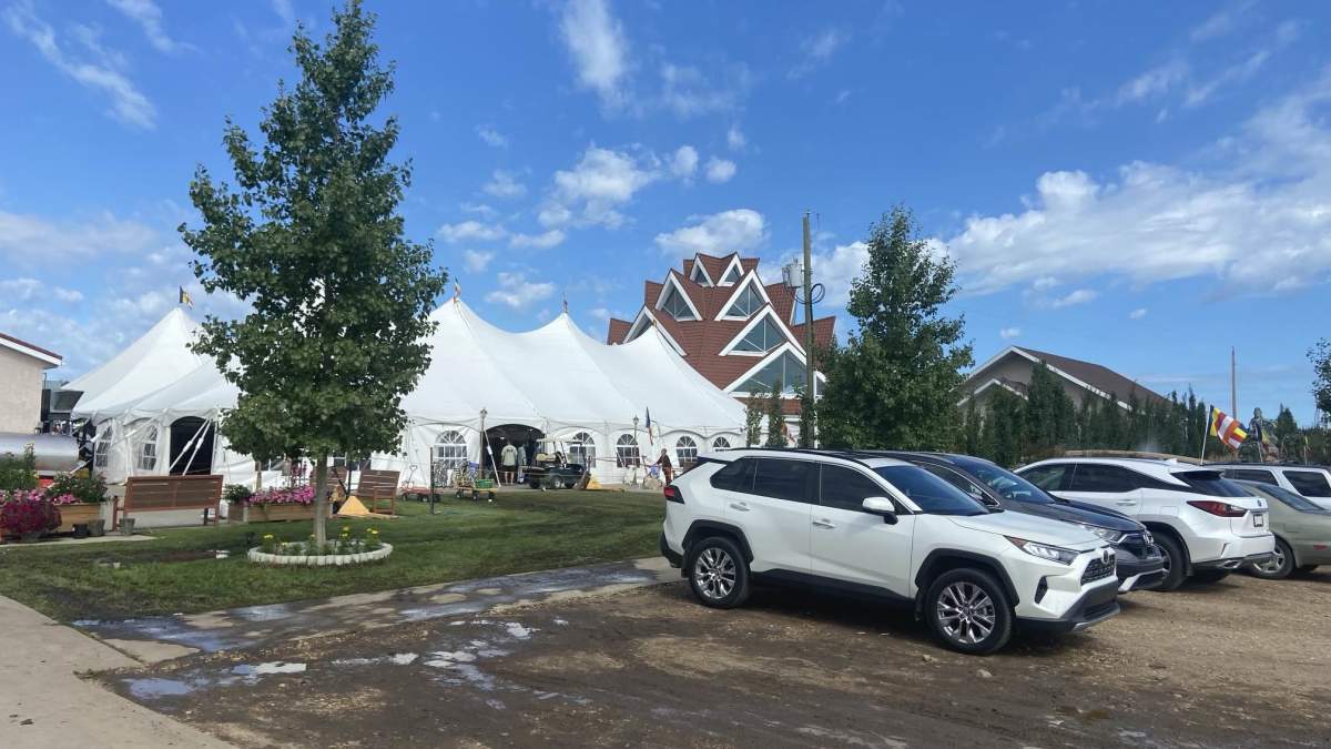 The Westlock Meditation Centre on Thursday, Aug. 1, 2024, one day after a person was killed when a tent collapsed during high winds.