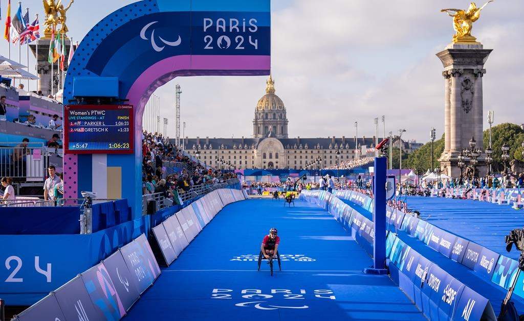 Leanne Taylor competes in women’s Para Triathlon PTWC para triathlon during the Paralympic Games in Paris, France on Sept. 2, 2024.