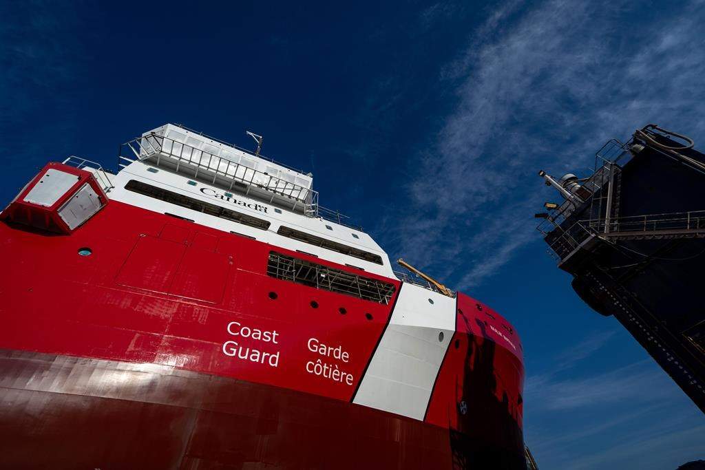 A crew member of a Canadian Coast Guard ship has been lost at sea off the coast of southern Newfoundland. Canadian Coast Guard signage is shown in Vancouver on Saturday, Aug. 17, 2024. 