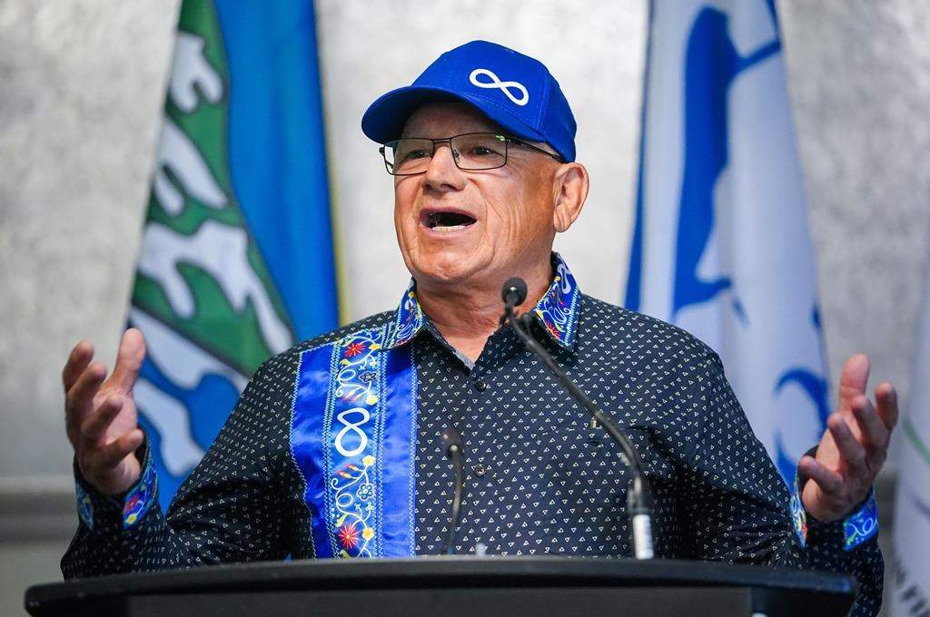 Glen McCallum, president of the Métis Nation of Saskatchewan, speaks during a press conference in Regina on June 24, 2024. THE CANADIAN PRESS/Heywood Yu.