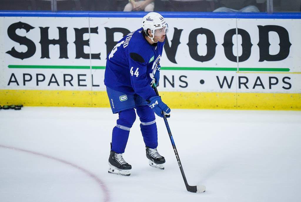 Vancouver Canucks' Kiefer Sherwood prepares to pass during the opening day of the NHL hockey team's training camp, in Penticton, B.C., on Thursday, September 19, 2024.