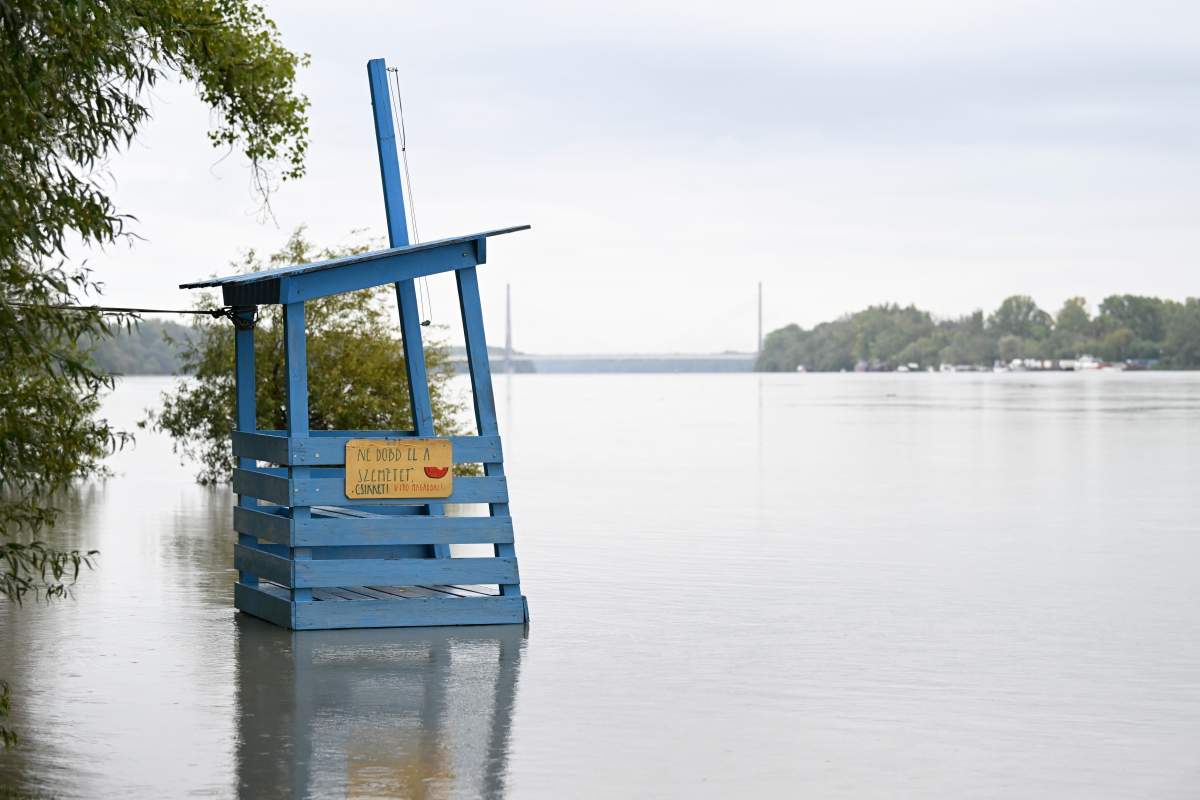 A view of a flooded area at the Romai Part (Roman Beach) in Budapest, Hungary, on Monday. (Tamas Kovacs/MTI via AP)