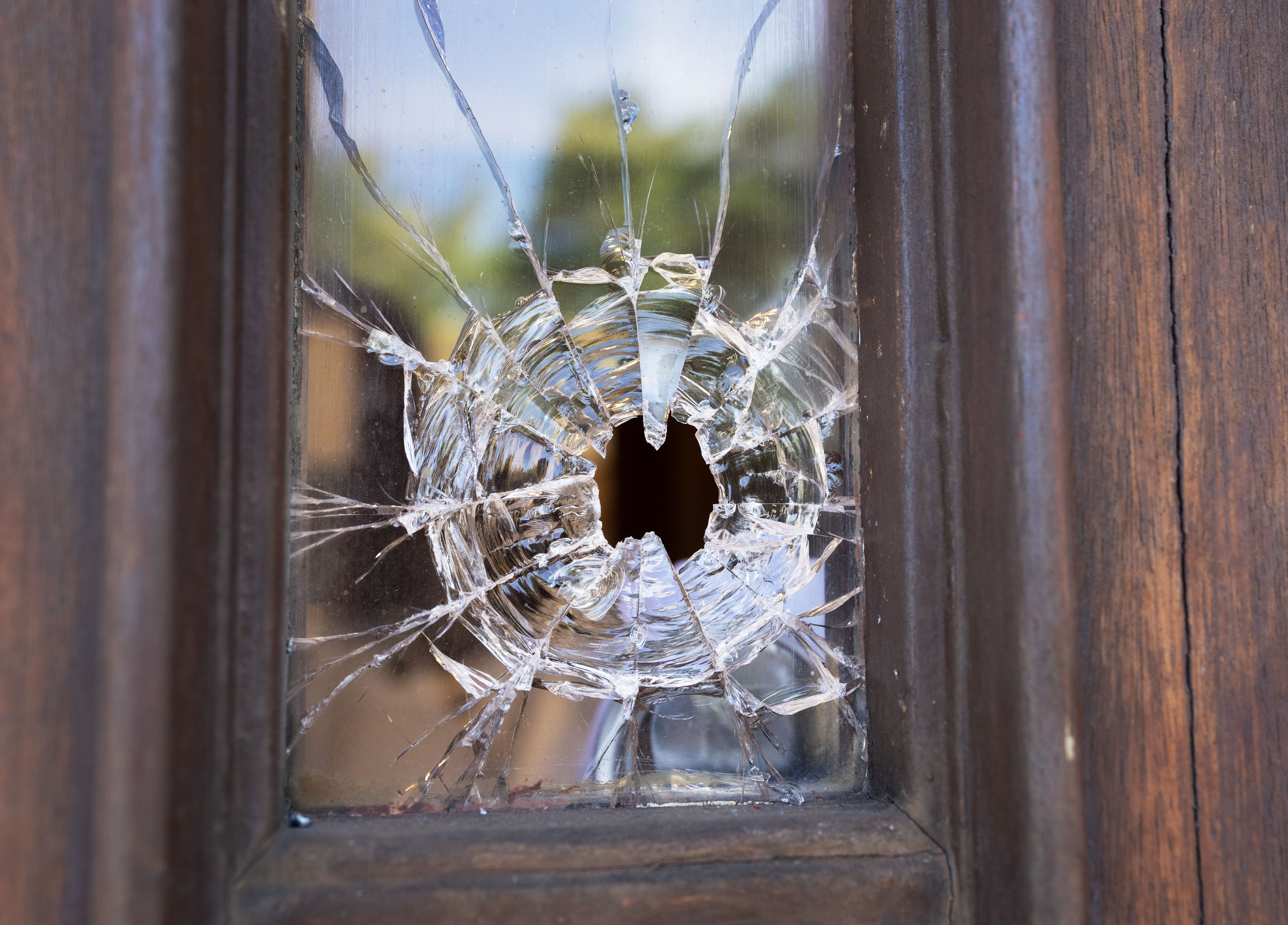 A bullet hole in door of Bell Yeshiva Katana school in Montreal on May 30, 2024. THE CANADIAN PRESS/Ryan Remiorz.