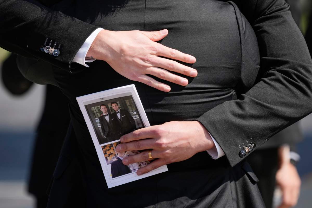 Mourners depart following the funeral for Columbus Blue Jackets hockey player John Gaudreau and his brother Matthew Gaudreau at St. Mary Magdalen Catholic Church in Media, Pa., Monday, Sept. 9, 2024.