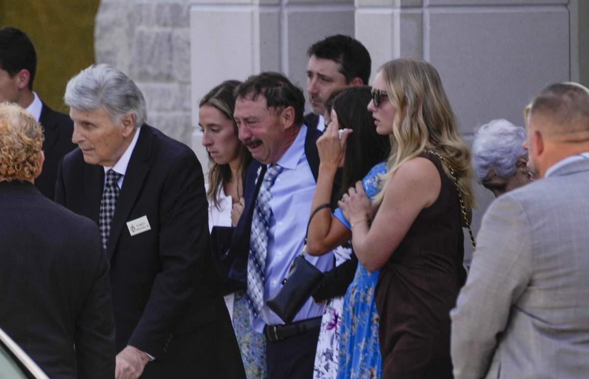 Guy Gaudreau, the father of Columbus Blue Jackets hockey player John Gaudreau and Matthew Gaudreau departs after there funeral at St. Mary Magdalen Catholic Church in Media, Pa., Monday, Sept. 9, 2024.
