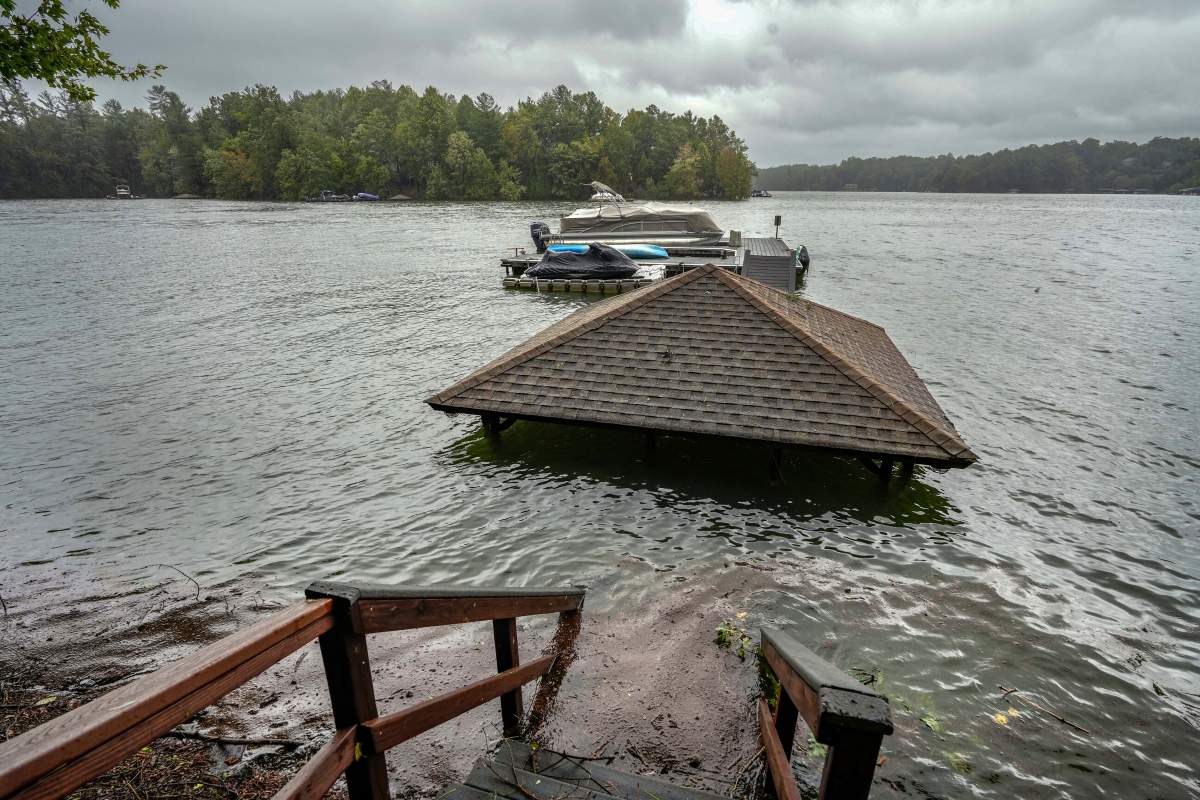 Torrential rain from Hurricane Helene has caused lake levels to rise on Lake James, resulting in flooded docks and gazebos, Friday, Sept. 27, 2024 in Morganton, N.C.